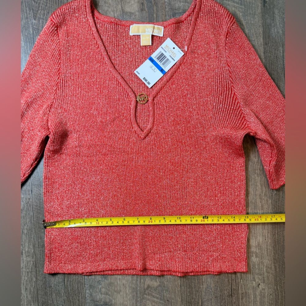 NWT Michael Kors Salmon Pink Ribbed V-Neck Embellished Top Casual 3/4 Sleeve XL - Picture 9 of 9